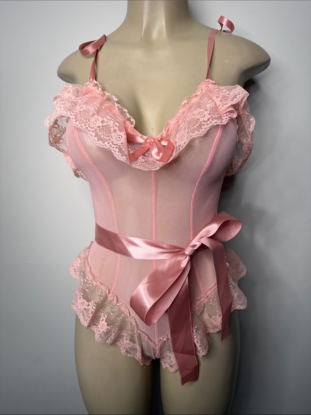 SHEIN Light Pink Lace Sheer Satin-Tie Chemise
